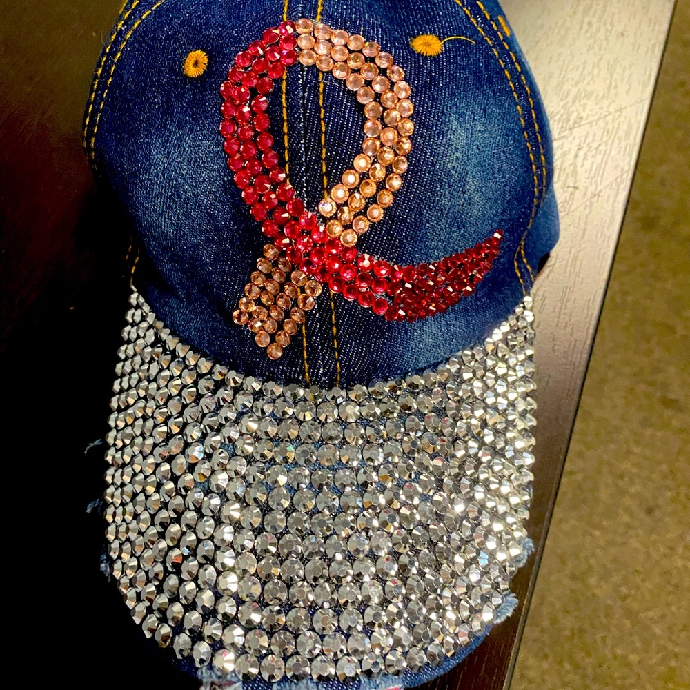 Denim rhinestone breast cancer awareness cap